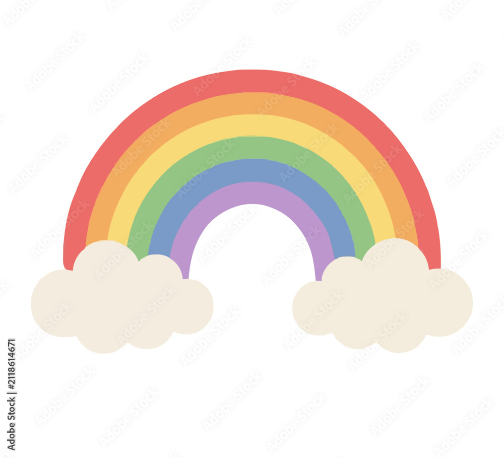 Fototapeta premium Hand-traced vector icon of a cheerful multicolored rainbow arch spanning two soft fluffy clouds, featuring red orange yellow green blue purple bands in flat illustration style for weather and nature