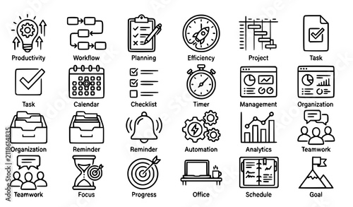 Produce a premium vector illustration containing 30 creative action plan and strategy linear icons arranged in a symmetrical 6×5 grid on a solid pure white background. Include strategic compass, actio