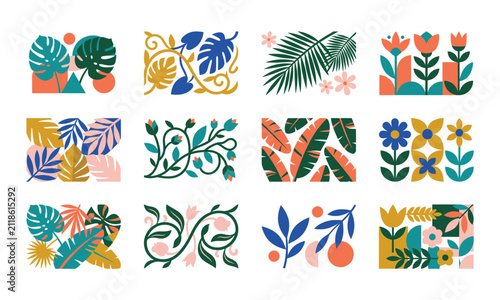 Canvastavla Abstract tropical floral pattern set, monstera palm leaves, colorful botanical g