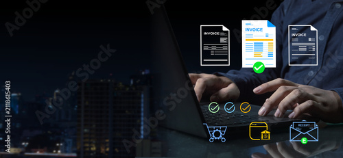 managing online invoices, electronic tax, e-invoice, and digital receipt statements concept
