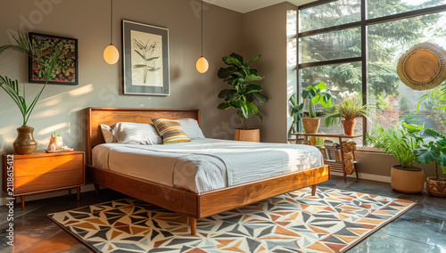 A bedroom with a teak wood bed frame, a geometric patterned rug