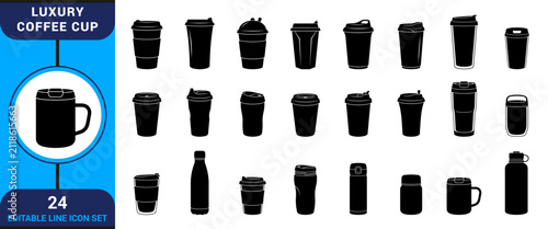 A comprehensive collection of twenty four black silhouette icons representing various types of drinking vessels mugs cups tumblers and bottles for beverage design