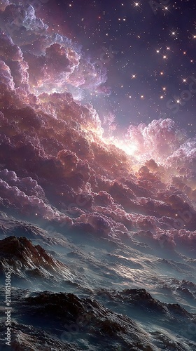 Celestial Dreamscape - A Cosmic Dance of Clouds and Stars Above Rocky Terrain.
