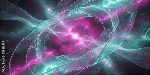 Cosmic Nebula Swirl: An abstract visualization of a vibrant nebula in deep space, with glowing pink and turquoise tendrils intertwined around a bright, central core.