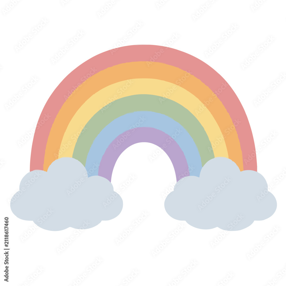 Naklejka premium Hand-drawn pastel rainbow arch with two soft fluffy clouds beneath a colorful spectrum of muted arcs in a charming vector illustration icon style