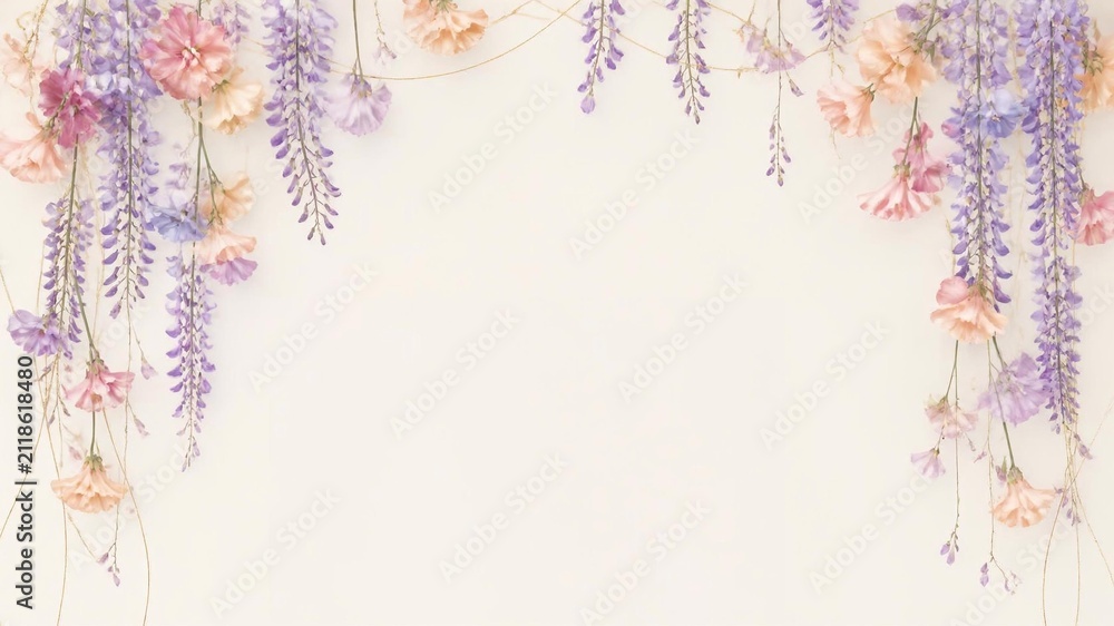 Obraz premium Delicate pastel spring bloom floral arrangement gracefully framing a serene light background, ideal for elegant invitations, romantic decor, or gentle celebration themes