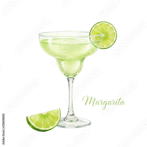 Watercolor illustration of a vibrant pale lime-green Margarita in an elegant stemmed glass with condensation and lime garnish, on an transparent background, high-end beverage advertising concept