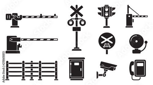 Obraz na płótnie Railroad crossing icon set, black railway level crossing symbols, 11 vector elem