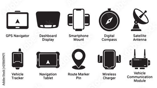 Foto GPS navigation and vehicle tracking icons, 10 black solid vector symbols, automo