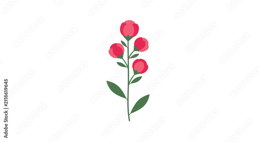 Obraz premium Simple vertical illustration of a flower stem bearing four vibrant pink rosebuds and green leaves on a clean white background.