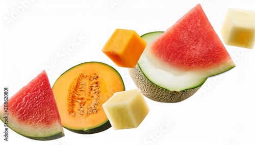 Fresh Assorted Fruit Pieces Including Watermelon Cantaloupe And Honeydew Melon Falling Isolated On Transparent Background