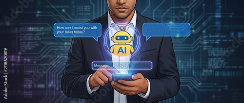 Business professional interacting with an ai chatbot on a mobile device set against a digital backdrop that highlights advancements in technology and communication