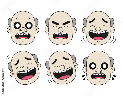Foto Six cartoon illustrations of an elderly man's head, bald with grey hair, showing various expressions of laughter and surprise