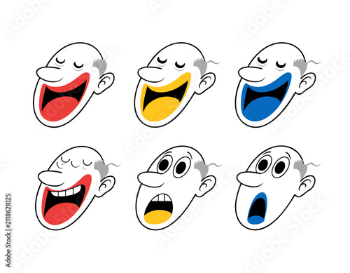 Фотография Six cartoon illustrations of an elderly man's head, bald with grey hair, showing various expressions of laughter and surprise
