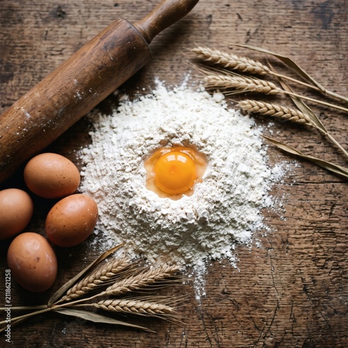 Fresh baking ingredients with flour egg yolk and rolling pin