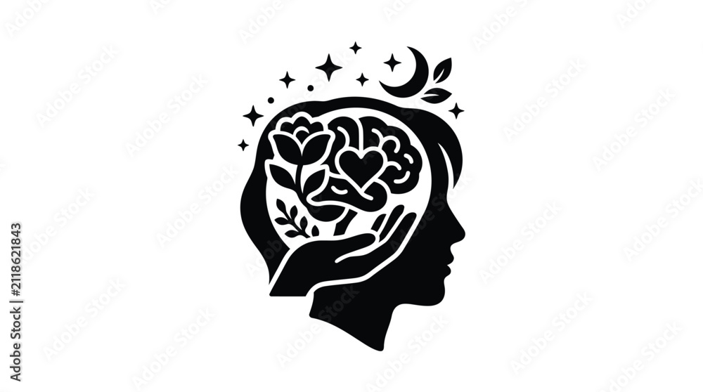 Foto Human head silhouette with floral brain and celestial elements