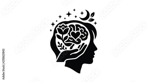 Konstfotografi Human head silhouette with floral brain and celestial elements