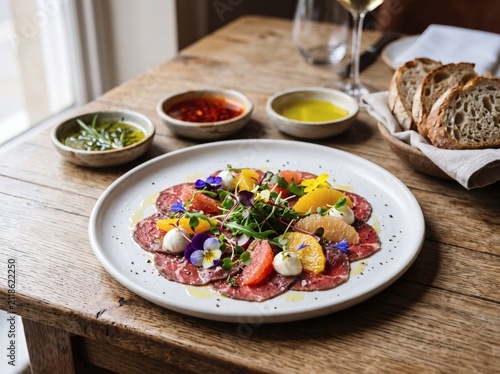 Gourmet beef carpaccio appetizer served with citrus and edible flowers