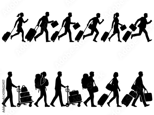 Traveler silhouettes with luggage and suitcases, people walking and running in airport terminal, business travelers with bags vector set