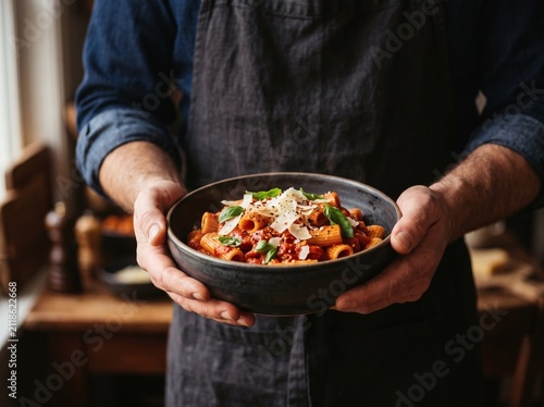 Chef holding a bowl of freshly prepared rigatoni pasta with tomato sauce