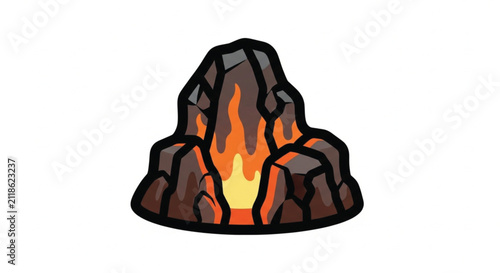 Stylized Illustration of a Fiery Volcano Eruption with Bold Black Outline and Simple Flat Design Elements