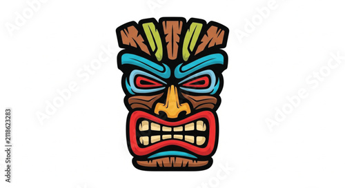 Stylized Tiki Mask Illustration with Bold Black Outline and Flat Design