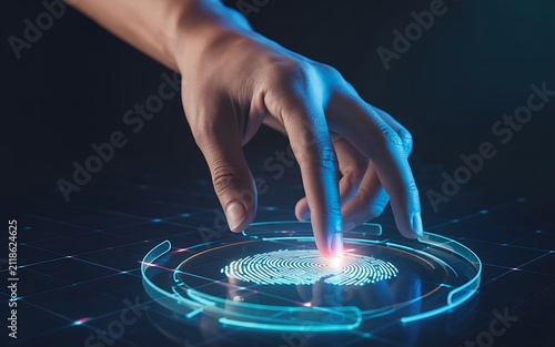 Close-up of a hand with fingers gently pressing onto a circular holographic projection of a fingerprint, with glowing red and blue light emanating from the point of contact and a grid of digital