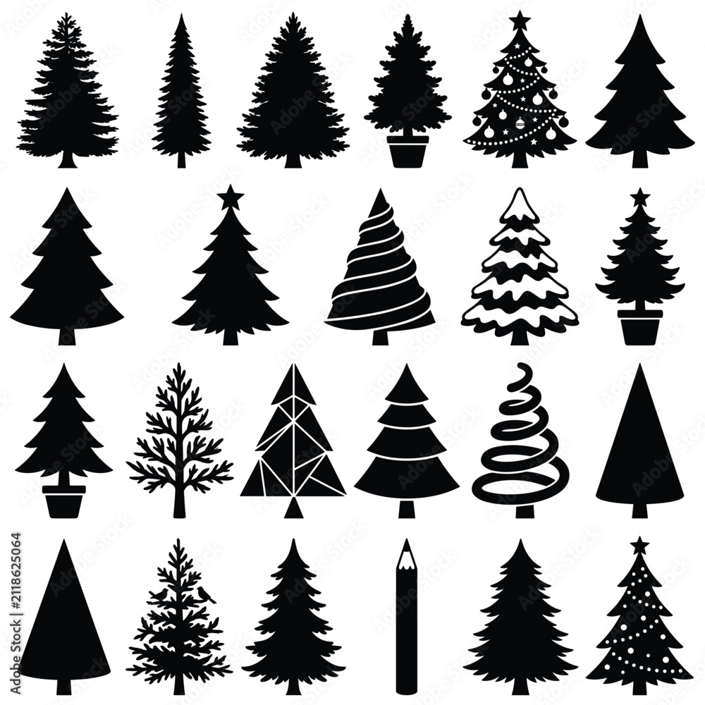 Obraz premium Assorted pine trees collection in black silhouette style for winter forest nature designs