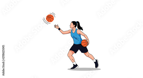 Energetic athletic young female basketball player in blue jersey dribbling two orange basketballs at high speed.