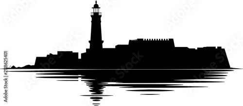 Obraz na płótnie Lighthouse and ancient fortress harbor silhouette reflected in sea water, black