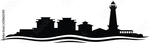 Принти на полотні Lighthouse and coastal harbor town skyline silhouette with residential buildings