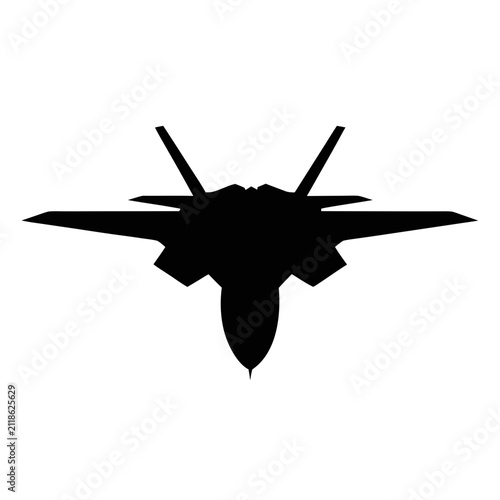Military fighter jet silhouette vector, modern stealth aircraft icon, black air force interceptor plane isolated on white background