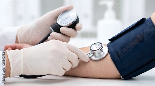Blood pressure measurement being performed by a healthcare professional using a stethoscope and manual cuff for a medical checkup.