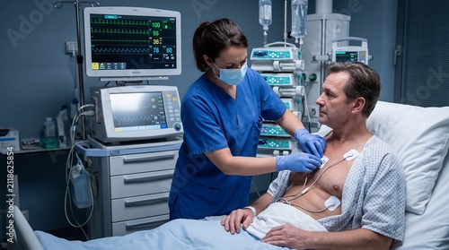 Professional nurse attaching telemetry ECG cardiac monitor sensors to ICU patient. Healthcare worker placing heart monitor electrodes on patient in critical care ward