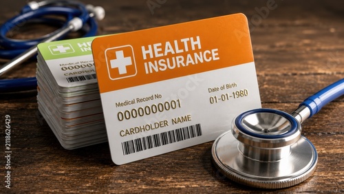 Stack of generic medical insurance cards with stethoscope on dark rustic wooden table surface with beside clinical stethoscope
