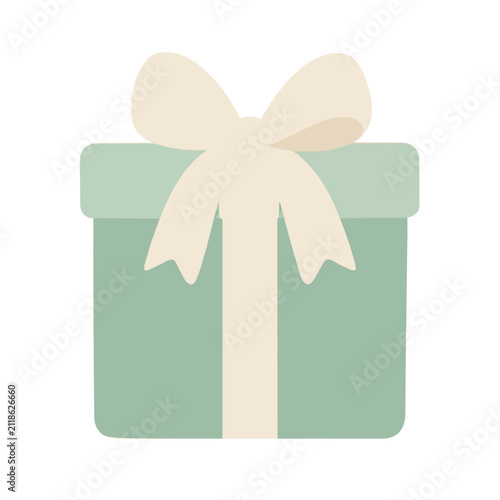 Hand-traced vector illustration of a sage green gift box wrapped with a cream ribbon and large bow, minimalist flat design icon for holidays, birthdays, and celebrations in soft pastel tones
