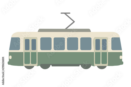 Vintage side view street tram vector icon illustration, flat design green and cream city public transit vehicle with pantograph, windows, and doors on white background for urban transport graphics