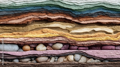 Natural geological formation showing horizontal soil and rock layers with brown, cream, red, blue tones, 
