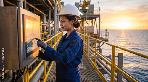 A worker in a blue uniform stands on an offshore platform beside a control panel. The sun sets over the ocean, casting light on the structure and water