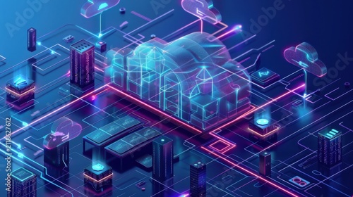 sustainable cloud infrastructure with solar panels and wind turbines