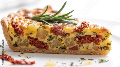 A slice of delicious savory quiche with sun dried tomatoes and fresh rosemary on a plate