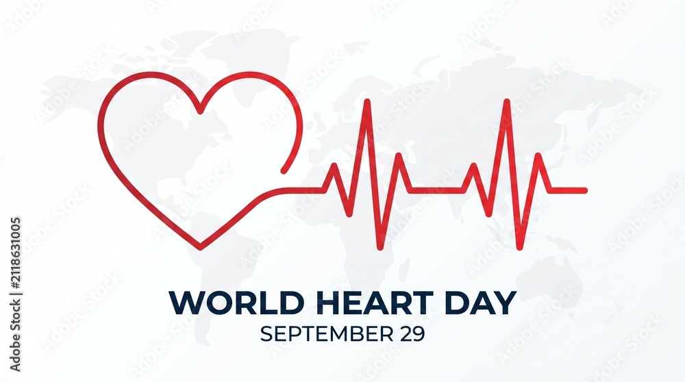 Obraz premium World Heart Day September 29 Concept Banner with Heartbeat Line and World Map Background.