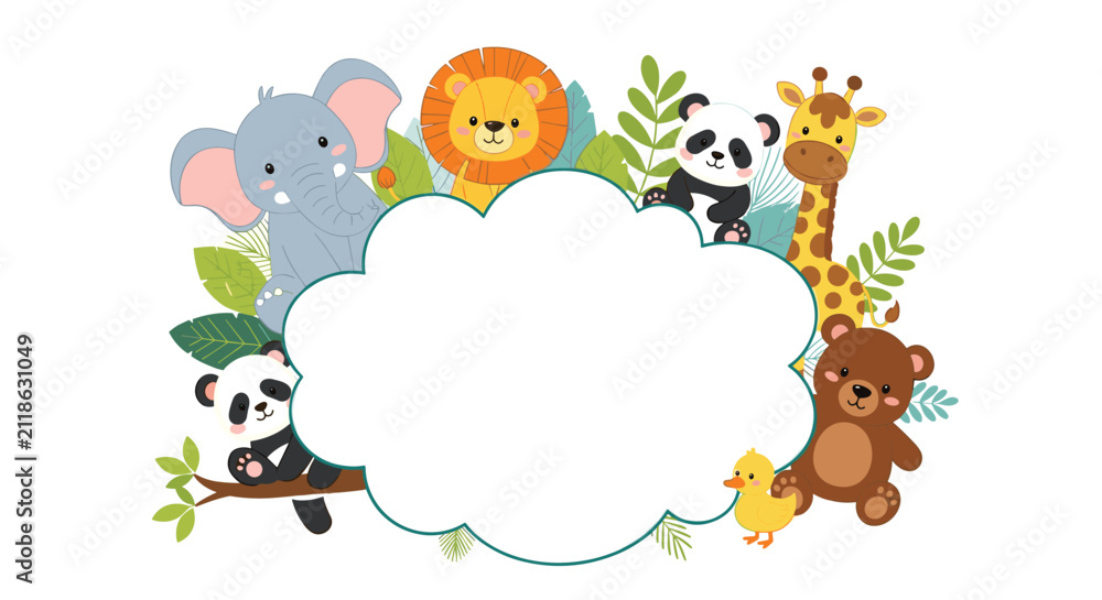 Naklejka premium Decorative cloud-shaped frame surrounded by adorable cartoon wild animals including an elephant, lion, giraffe, panda, and bear.