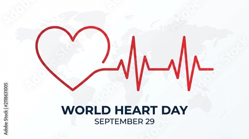 World Heart Day September 29 Concept Banner with Heartbeat Line and World Map Background.