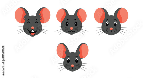 Collection of cute cartoon mouse heads displaying various emotions such as happy, curious, and surprised on a white background.