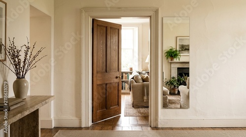 Cozy interior hallway with open antique wooden door to living room, natural light