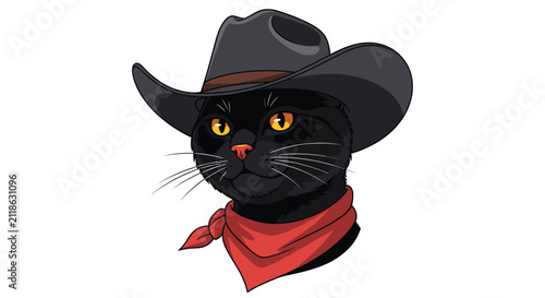 Stylish black cat character wearing a dark cowboy hat and a bright red bandana around its neck with a confident look.