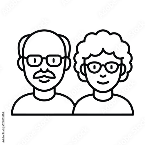 Elderly couple linear illustration for seniors and retirement concepts with grandparents, retirement