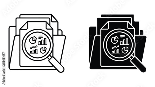 Document folder with magnifying glass and data charts icon document magnifying