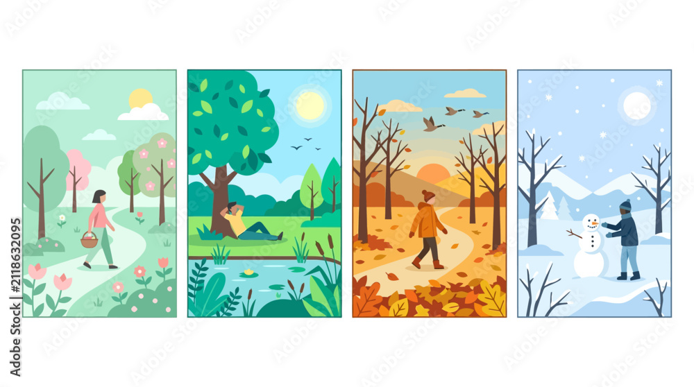 Fototapeta premium Seasonal illustrations feature four individual scenes representing the unique characteristics of spring, summer, autumn, and winter.